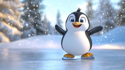 Cute penguin ice skate cartoon style
