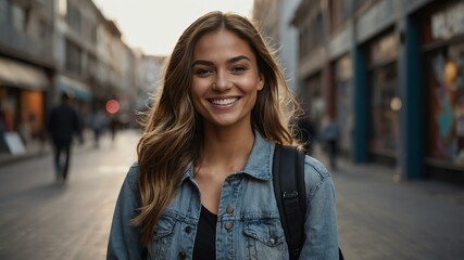 Fototapeta premium female street artist on busy urban street background