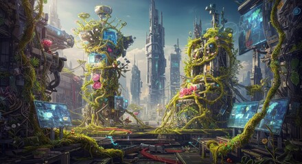 Futuristic urban jungle: nature and technology coexist in a sci-fi cityscape