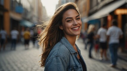 Fototapeta premium female street artist on busy urban street background