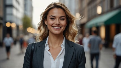 female sales associate on busy urban street background