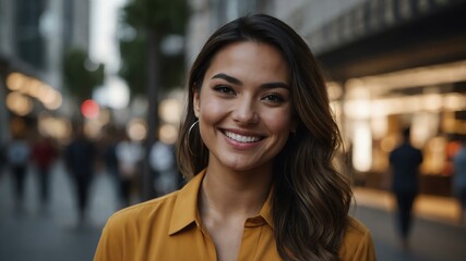 female sales associate on busy urban street background