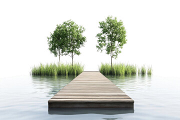Obraz premium Wooden Dock Extends into Serene Lake with Lush Green Reeds and Trees. Tranquility Theme.