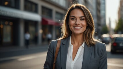female real estate agent on busy urban street background