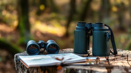 Obraz premium Scene of a tranquil birdwatching setup in a forest. Featuring binoculars, a field guide, and a notepad. Highlighting the patience and observation in birdwatching. Ideal for nature and hobby imagery.
