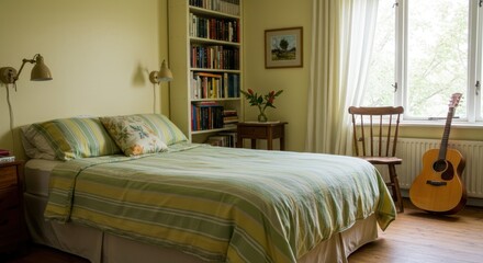 Cozy bedroom interior with bookshelf, guitar, and natural light