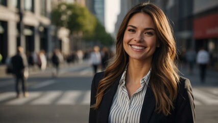 female public relations specialist on busy urban street background