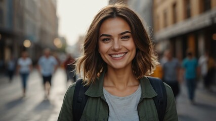 female photographer on busy urban street background