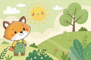 Cute cartoon fox in green overalls enjoys a sunny day in a whimsical forest landscape