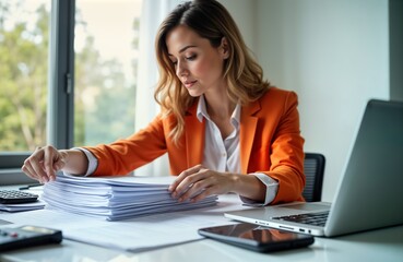 Businesswoman in orange blazer searches for document in pile of paperwork on desk. Indoor office setting. Focus on woman at work. Likely working on financial report accounting task. Woman appears