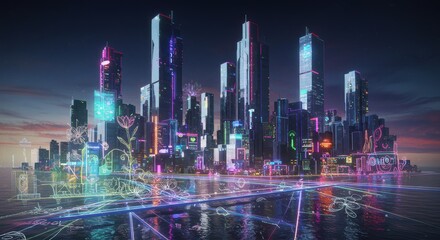 Obraz premium Futuristic neon cityscape against night sky with digital art elements and reflections