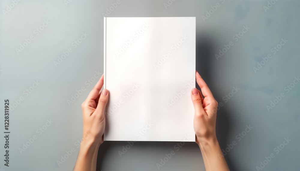 Poster female hands hold blank white magazine on gray background. top view. mockup design template. empty p