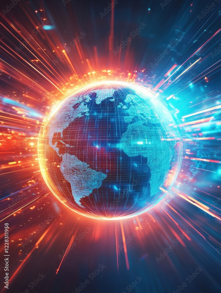 Poster globe rotates with vibrant glowing contour lines in a dynamic display of energy and world representa