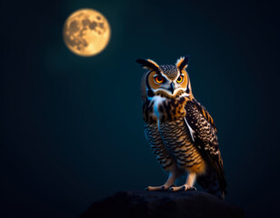 A great horned owl with vivid orange eyes perched on a rock against a full moonlit night background