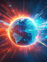 Fototapeta premium Globe rotates with vibrant glowing contour lines in a dynamic display of energy and world representation. Generative AI
