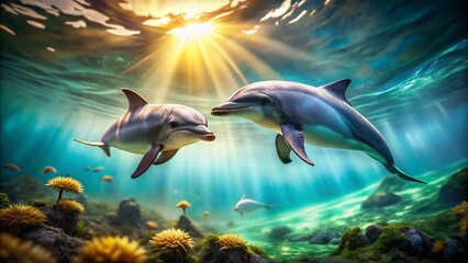 Obraz premium Playful Dolphins Underwater: Miniature Tilt-Shift Photo