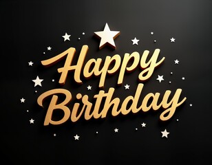 Fototapeta premium Luxury birthday greeting card. Gold calligraphy script lettering says Happy Birthday. White stars on black background. Premium design. Ideal for birthday invites cards. Elegant, decorative. Perfect