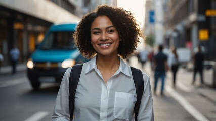 Fototapeta premium female electrical engineer on busy urban street background