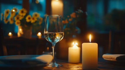 A candlelit dinner table with red wine, symbolizing romance and elegance. Ideal for Valentine's Day and lifestyle themes.
