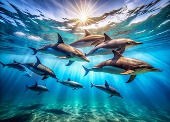 Playful Spinner Dolphins Underwater in a Sunlit Ocean:  Stunning Tilt-Shift Photography