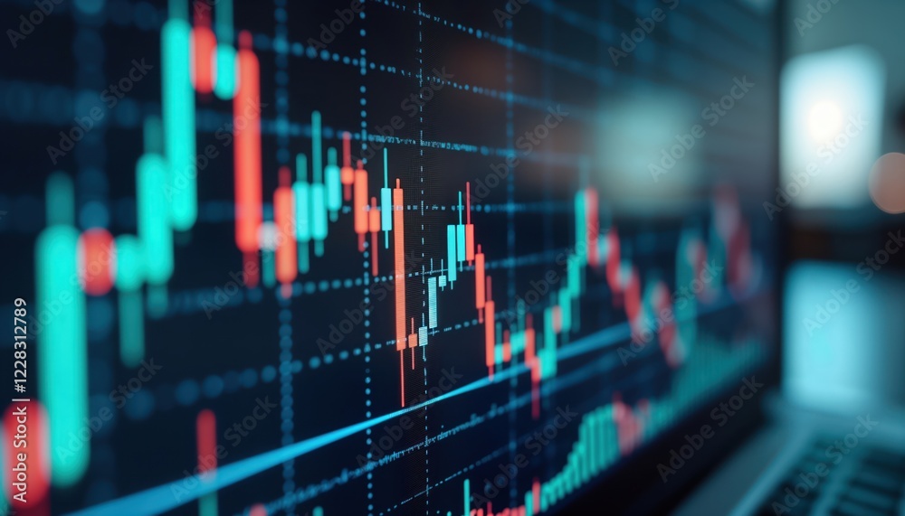 Leinwandbilder Digital stock market chart shows data analysis, fluctuations. Tech financial investment data. High tech environment. Trends, market performance. Closeup view of monitor. Trend lines, numbers display