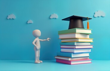 Stick figure points at stack of books with graduation hat. Concept of education, success. 3D illustration against blue background. Personified concept of academic achievement. Conceptual image.