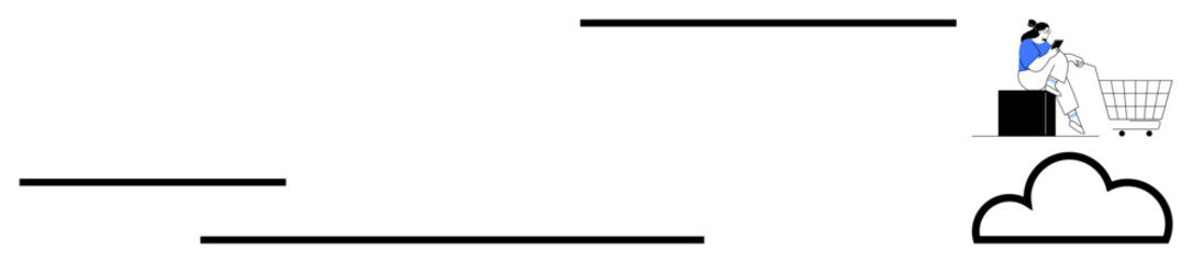 Obraz premium Businessman pushing a shopping cart with a computer towards a cloud icon. Ideal for technology, digital transformation, cloud computing, data migration, online shopping, business growth, futuristic