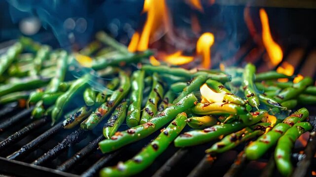 Grilling fresh green beans over flames with salt and pepper for a healthy summer bbq side dish. Charred to perfection, adding flavor to any meal. Perfect for outdoor cooking