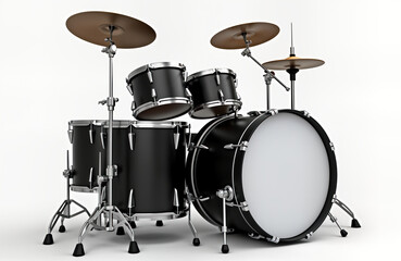 Realistic black drumset positioned on white background. Complete set with cymbals, drums of various sizes. Pro equipment designed for music performance. Drumset represents modern instruments for