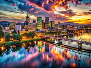 Fototapeta premium Portland Oregon Skyline Night Photography - Stunning Cityscape and Dramatic Sky