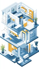 Modern Smart Home Interior Design: Isometric Illustration of a Stylish and Functional Living Space with Innovative Features.