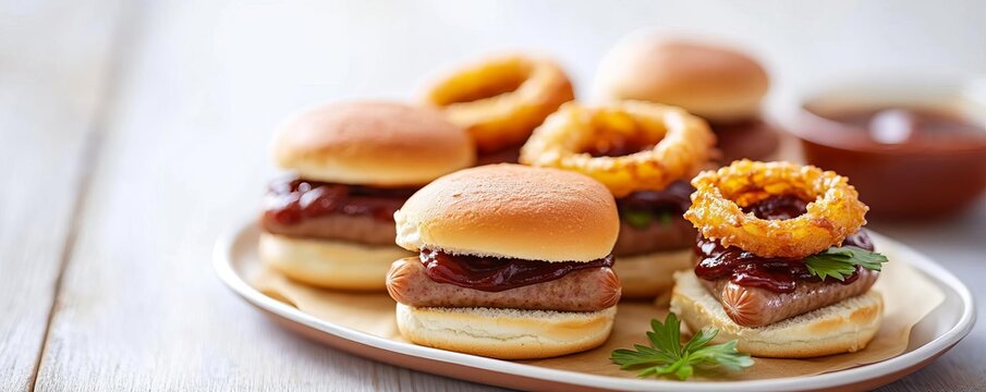 Hot dog sausage sliders served with crispy onion rings and barbecue sauce