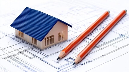 Miniature house model on architectural blueprint with pencils showcasing construction and design concepts