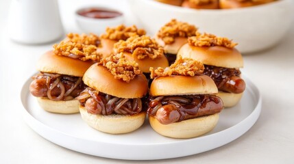 Hot dog sausage sliders with crispy fried onions and a tangy barbecue glaze