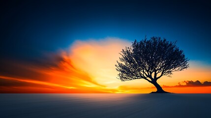 Fototapeta premium Lonely tree sunset landscape, peaceful nature scene, background for meditation