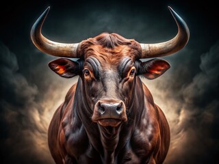 Naklejka premium Powerful Dark Brown Bull with Long Horns - Majestic Farm Animal Portrait