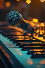 Close up of a microphone positioned above black and white piano keys illuminated by warm light during a music session