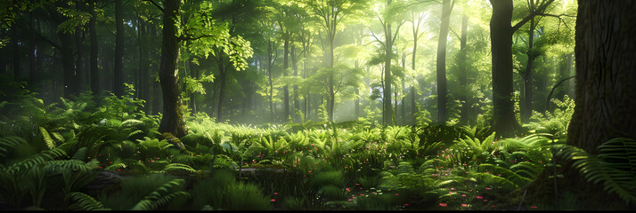 Fototapeta premium Tranquil Green Forest with Sunlight Filtering Through the Trees and Wildflowers Amidst the Ferns