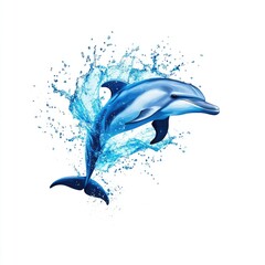 Playful Dolphin Jumping Out of Water with Vibrant Blue Splash Against a Clean White Background