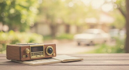 Vintage radio on wooden table outdoors with warm morning light and blurred background