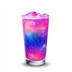 Colorful Cosmic Drink in Transparent Glass with Ice and Sparkles on White Background