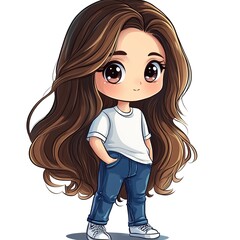 Clipart of a chibi girl with long  hair, big eyes, and a white t-shirt.