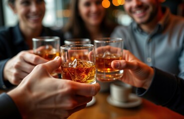 Group of people clinking whiskey glasses in restaurant. Friendly atmosphere. Celebration of alcohol. People raising drinks together. Enjoying drinks with ice. Informal social gathering. Cheers,