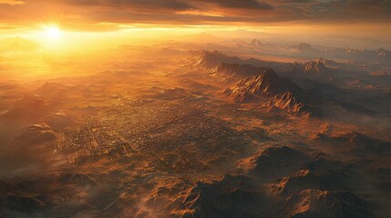 Aerial view of a sprawling city at sunset, surrounded by mountains and misty valleys, showcasing nature