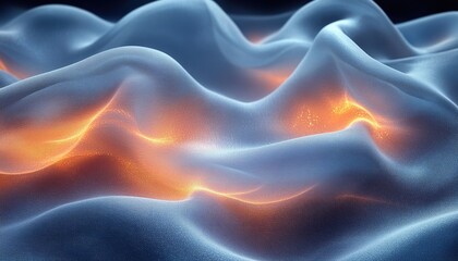 Obraz premium Abstract waves of blue fabric with orange glowing light in the background for design use