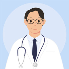 Fototapeta premium Doctor in white coat, with glasses and stethoscope. Young doctor - vector illustration.