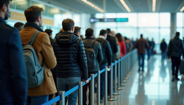 Many passengers wait in long queue at airport gate. People stand in line for boarding process. Travelers waiting for flight. Airport interior shows crowded scene. Likely experiencing delay. Waiting
