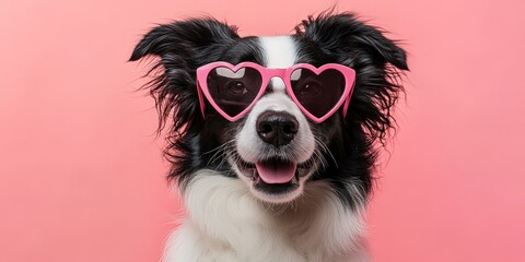 Cute Border Collie dog wearing pink heart-shaped glasses on a soft pink background. Great for Valentine's Day campaigns or pet-themed promotions.
