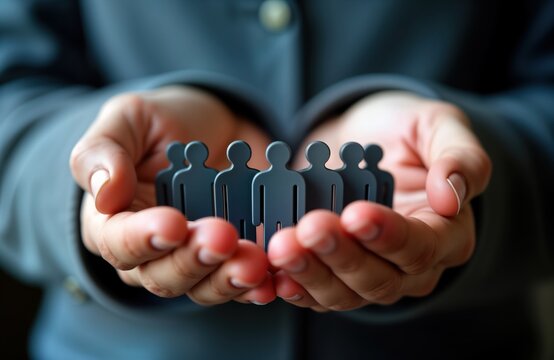 Hands carefully hold miniature figures care, support for people. Protecting employees, valuing human resources. Leadership, community themes evident. Image evokes collaboration, support, importance