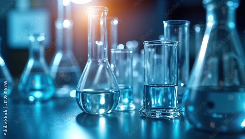 Poster laboratory glassware filled with translucent liquid. science lab research setting. clear beakers, fl